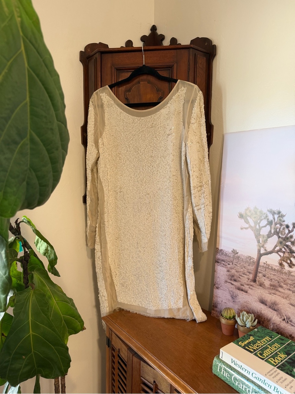 AllSaints Spitalfields Ivory Sequin Open Back Mini Dress Long Sleeve US 10